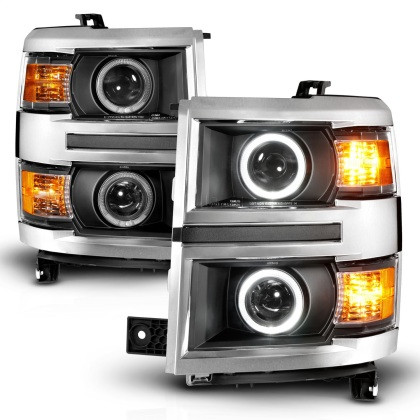 ANZO Projector Headlights w/ Halo Black w/ Chrome Trim for 14-15 Silverado 1500