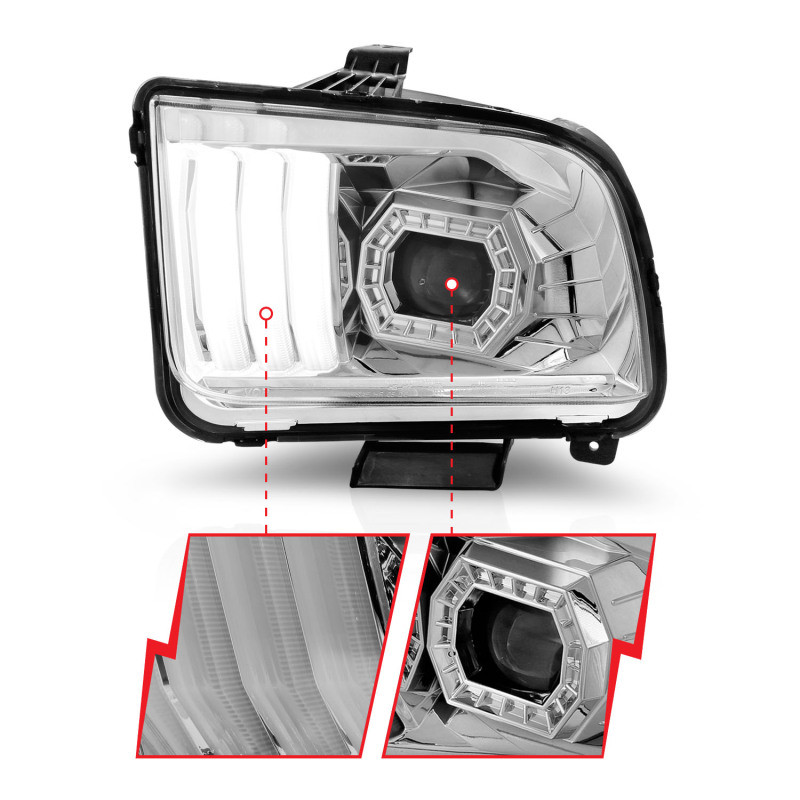 ANZO Projector Headlights w/Light Bar Chrome for 05-09 Mustang Halogen