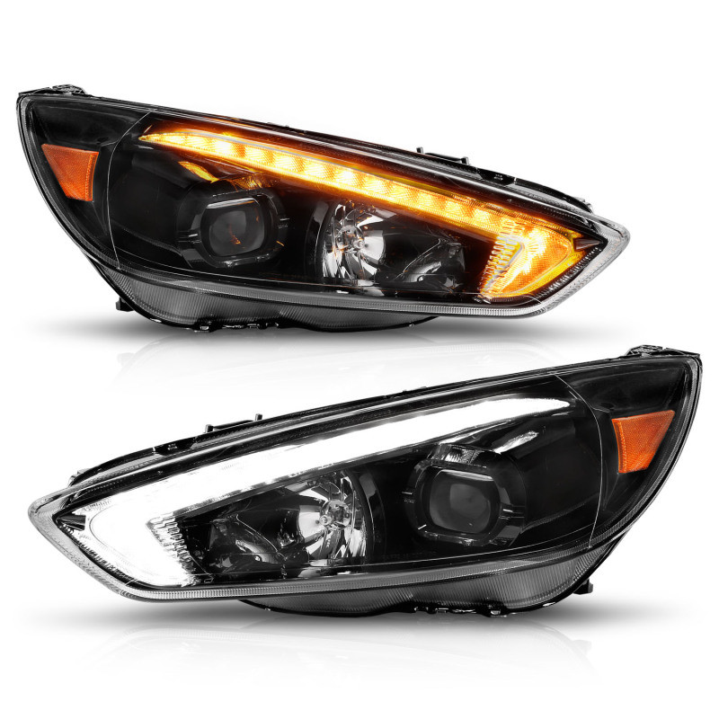 ANZO Projector Headlights w/ Light Bar Switchback Black for 15-18 Ford Focus