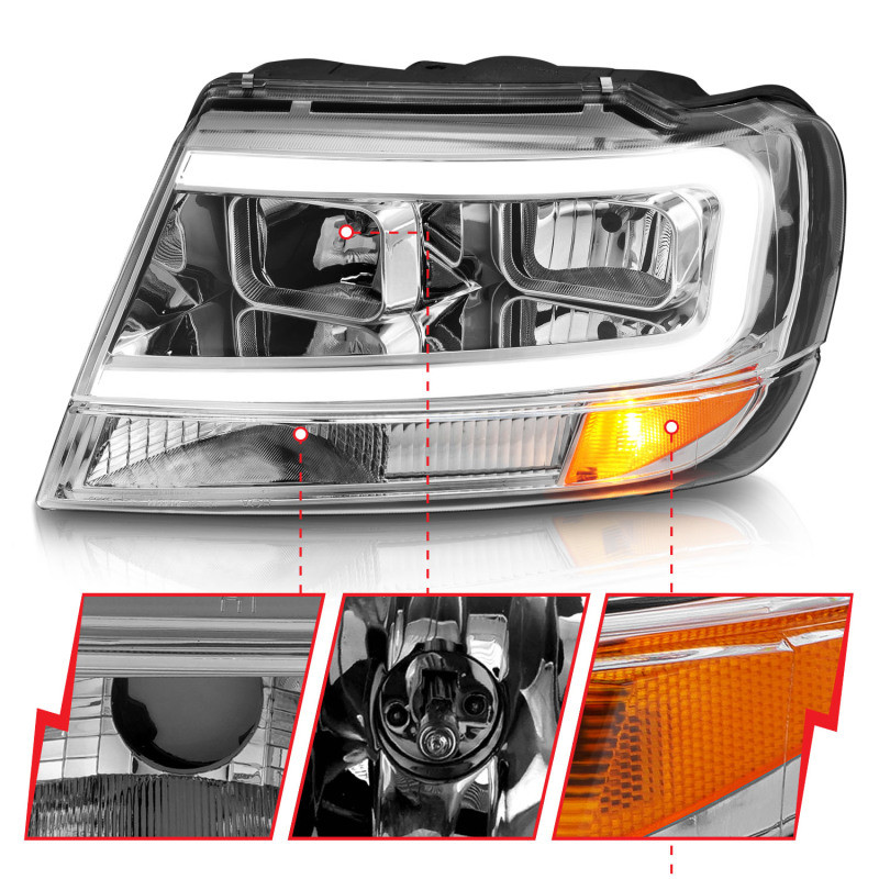 ANZO Crystal Headlights w/ Light Bar Chrome for 1999-2004 Jeep Grand Cherokee