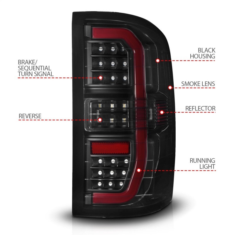 ANZO LED Taillights Black Smoke Lens (w/C Light Bars) for 14-18 GMC Sierra 1500