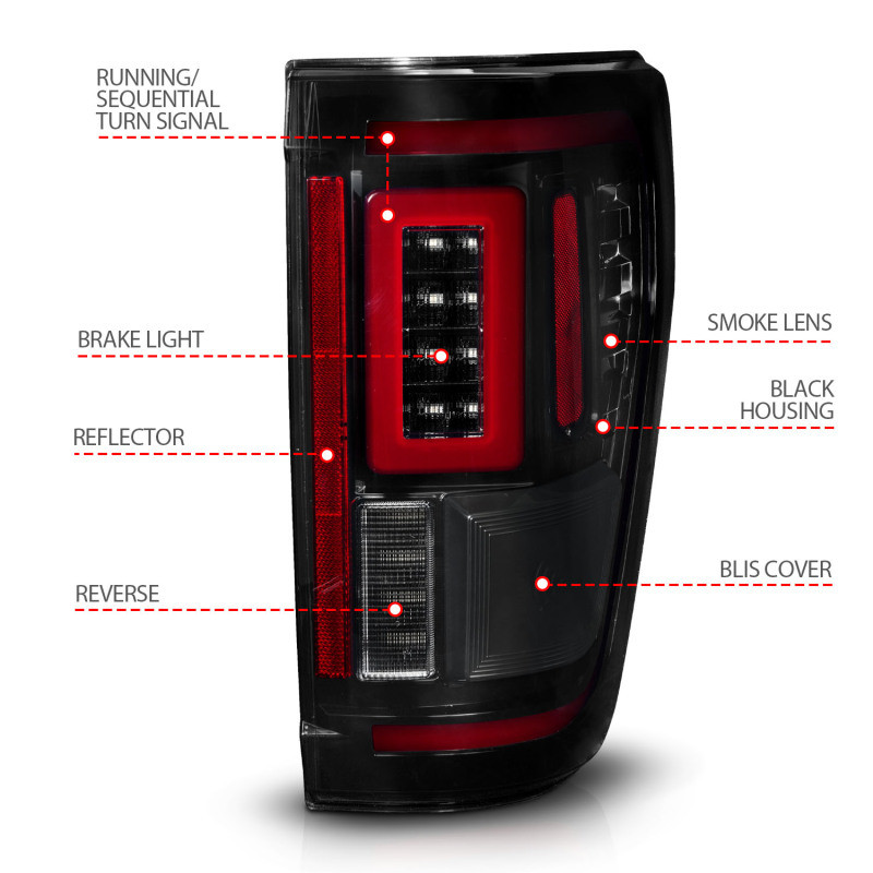 ANZO LED Taillights Seq. Signal w/BLIS Cover - Smoke Black for 21-23 Ford F-150