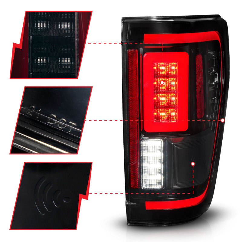 ANZO LED Taillights Seq. Signal w/BLIS Cover - Black Smoke for 21-23 Ford F-150