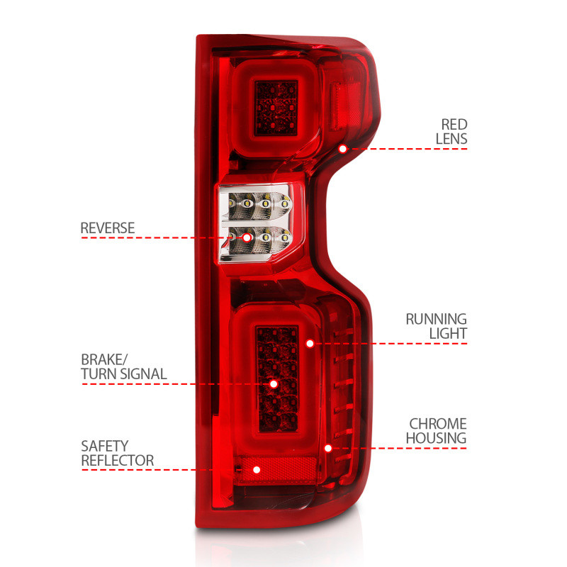 Anzo LED Tailights Chrome Housing Red Lens G2 for 19-21 Silverado Work Truck