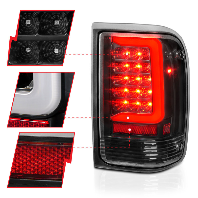 ANZO LED Tail Lights w/ Light Bar Black Clear Lens for 93-97 Ford Ranger