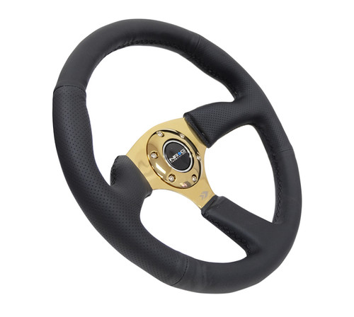 NRG Reinforced Steering Wheel 350mm Leather Race Comfort Grip w/4mm Gold Spokes