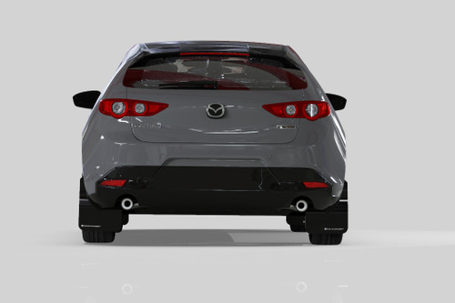 Rally Armor UR Black Mud Flap w/ White Logo for 2019+ Mazda3 GT Sport Hatch