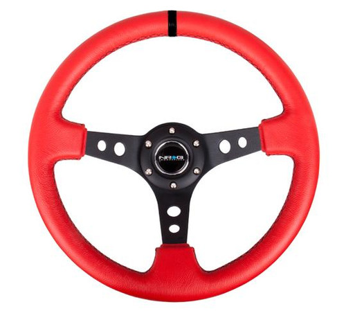 NRG 350mm Reinforced Steering Wheel Red Leather/Blk Stitch w/Blk Spokes
