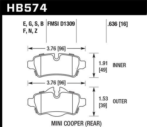 Hawk HP+ Rear Brake Pads for 07+ Cooper / Cooper S - HB574N.636