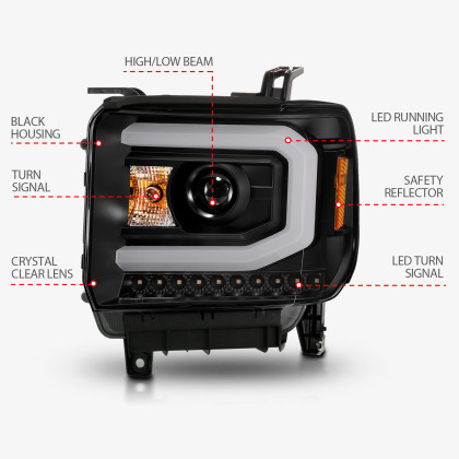 ANZO Projector Headlights w/ Light Bar Black Housing for 2014-2015 Sierra 1500