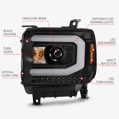 ANZO Projector Headlight Plank Style Black w/ Switchback for 14-15 Sierra 1500