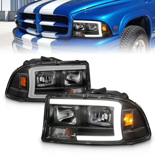 ANZO Crystal headlight Set w/ Light Bar Black Housing for 97-04 Dakota/Durango