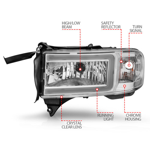 ANZO Crystal Headlight - w/ Light Bar Chrome for 94-02 Dodge RAM 1500