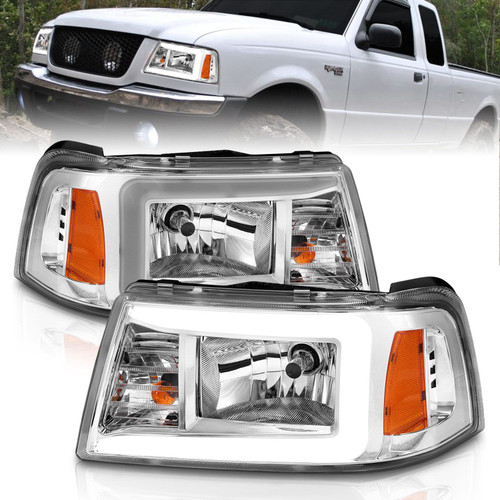 ANZO Crystal Headlights w/ Light Bar Chrome Housing for 2001-2011 Ford Ranger