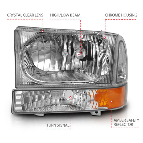 ANZO Crystal Headlight w/ Corner Light Chrome Amber for 2000-2004 Ford Excursion
