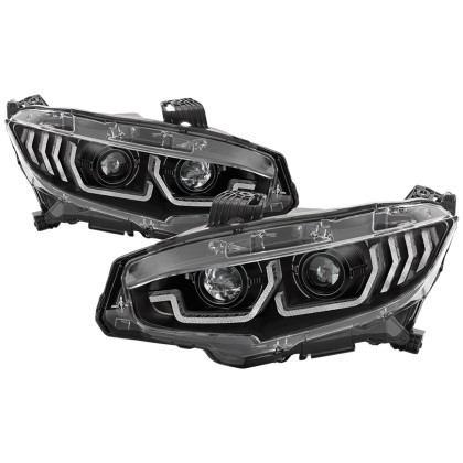 Spyder Projector Headlight - Black for 16-18 Civic 4Dr w/LED Seq Turn Sig Lights