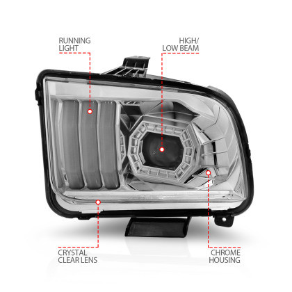 ANZO Projector Headlights w/Light Bar Chrome for 05-09 Mustang Halogen