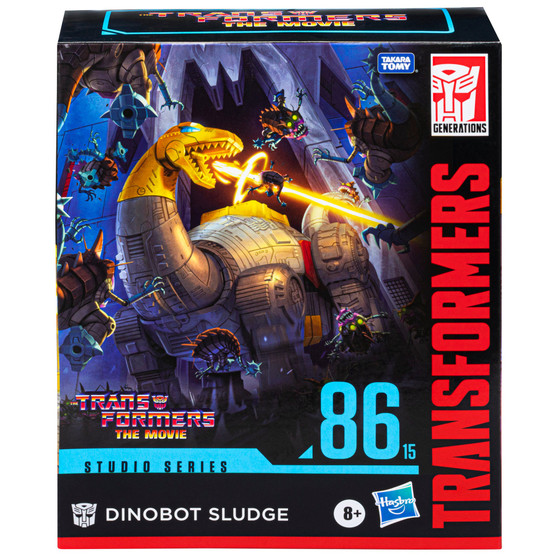 From Hasbro Toy Group. This Studio Series 86-15 Leader Class The Transformers: The Movie-inspired Dinobot Sludge figure converts from robot to brontosaurus mode in 31 steps. Comes with a blaster accessory. Remove backdrop to showcase the Dinobot Sludge figure in the "Mockery of Justice" scene. In that scene, Sludge breaks down the courtroom door and crashes the Quintesson trial. Pose the figure out and re-create this classic movie moment!