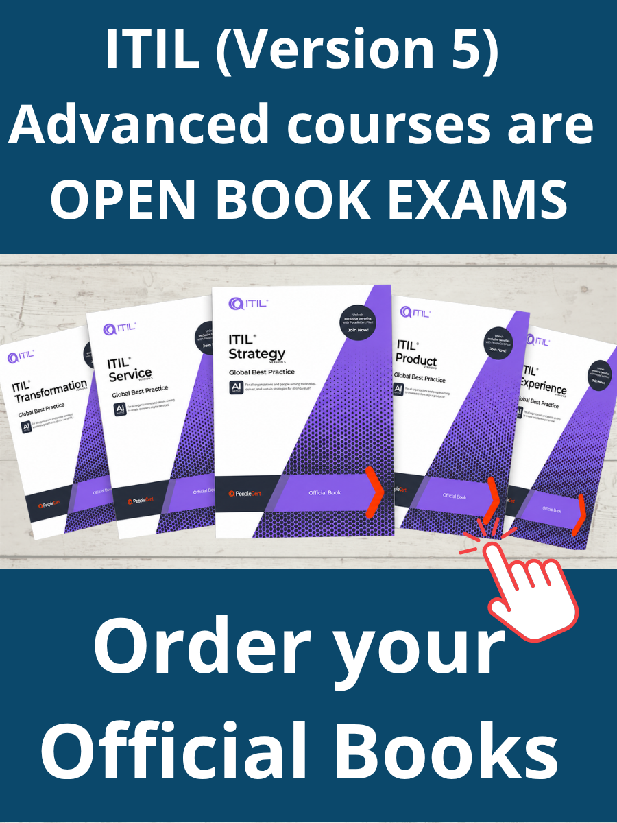 Official ITIL (Version 5) hardcopy books from ITSM Academy, including Product, Service, Experience, Strategy, and Transformation publications for certification preparation and professional reference.
