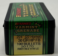 Barnes 22 Cal (.224 Dia) Reloading Bullets For 22 Hornet Varmint Grenade Copper B30170 30 Grain Frangible Hollow Point 100 Pieces