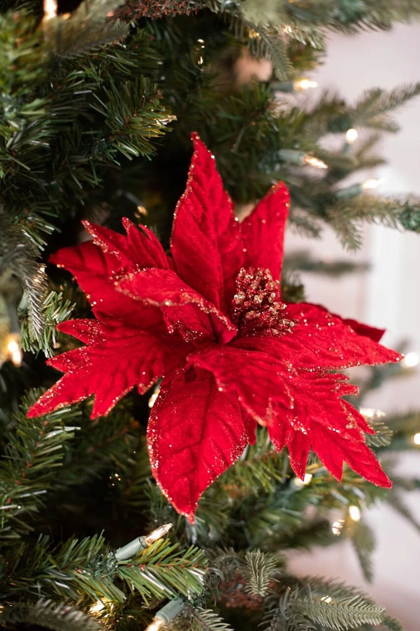 20” Velvet Gold Mix Glitter Poinsettia Stem - Decorator's Warehouse