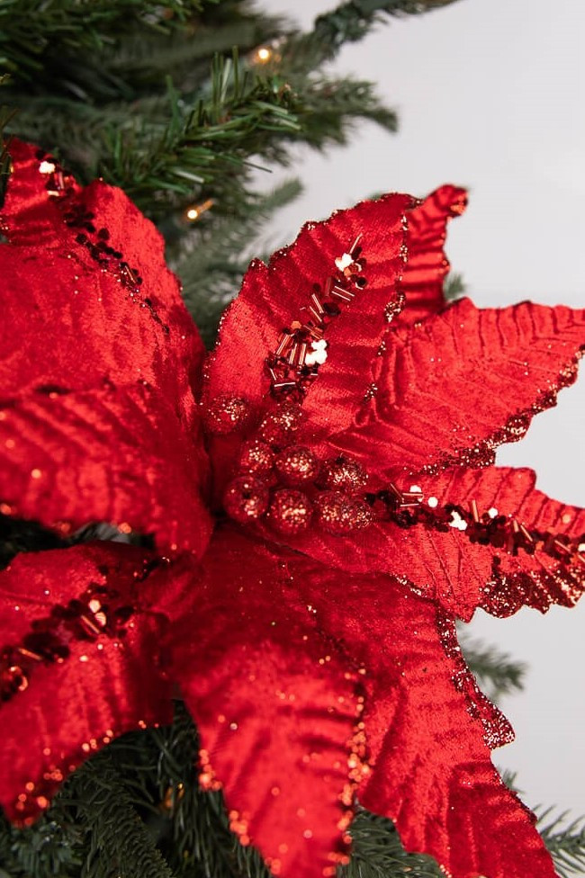 24” Red Glitter Edge Velvet Poinsettia Stem - Decorator's Warehouse
