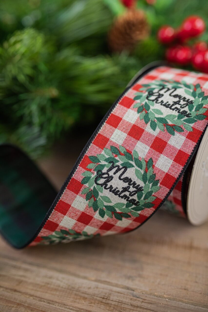 2.5" x 10 Yard Merry Christmas Holiday Check Ribbon Cardinal