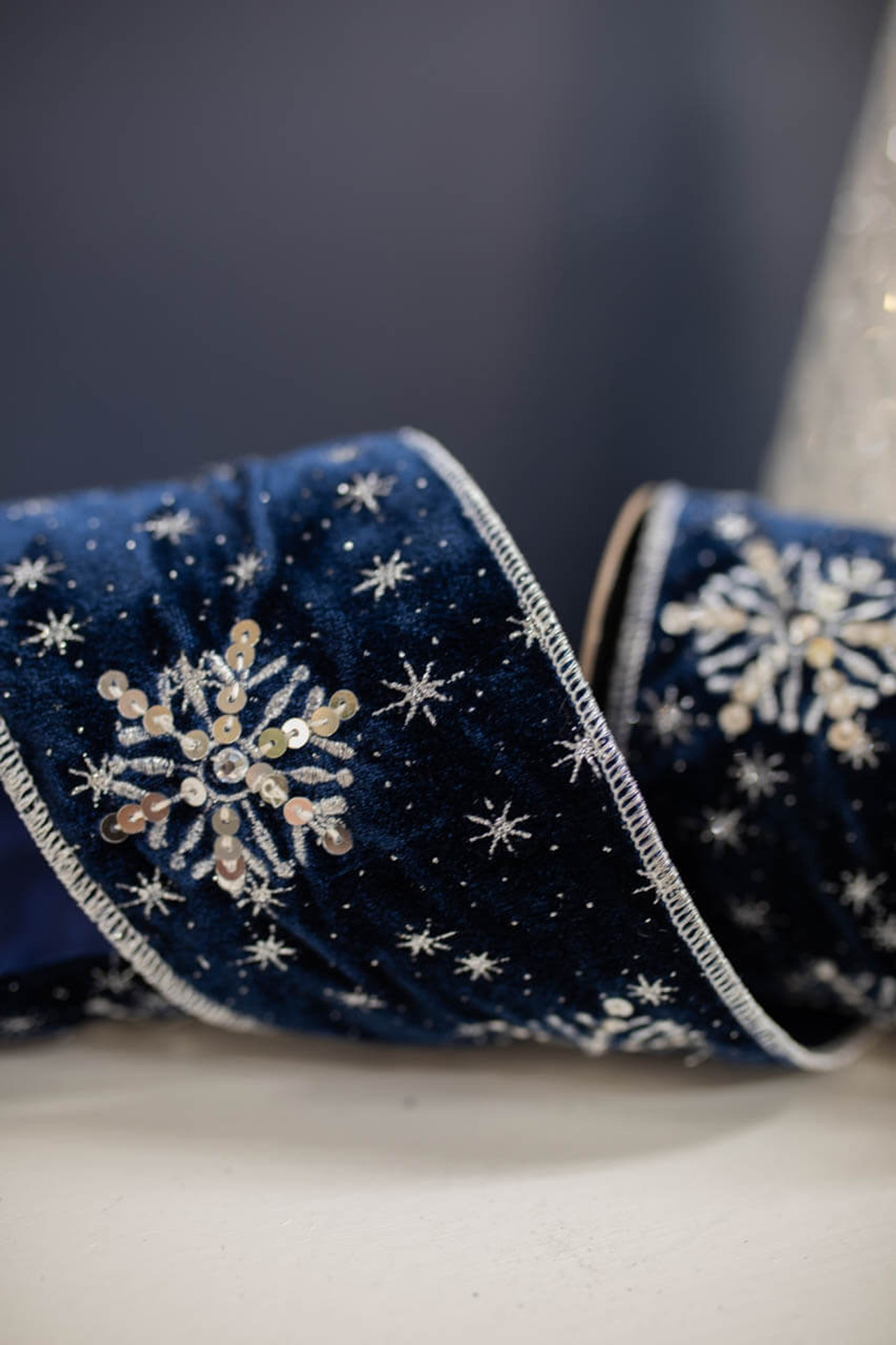 4” X 5 Yard Winter’s Night Snowflake Velvet Ribbon Navy - Decorator's ...