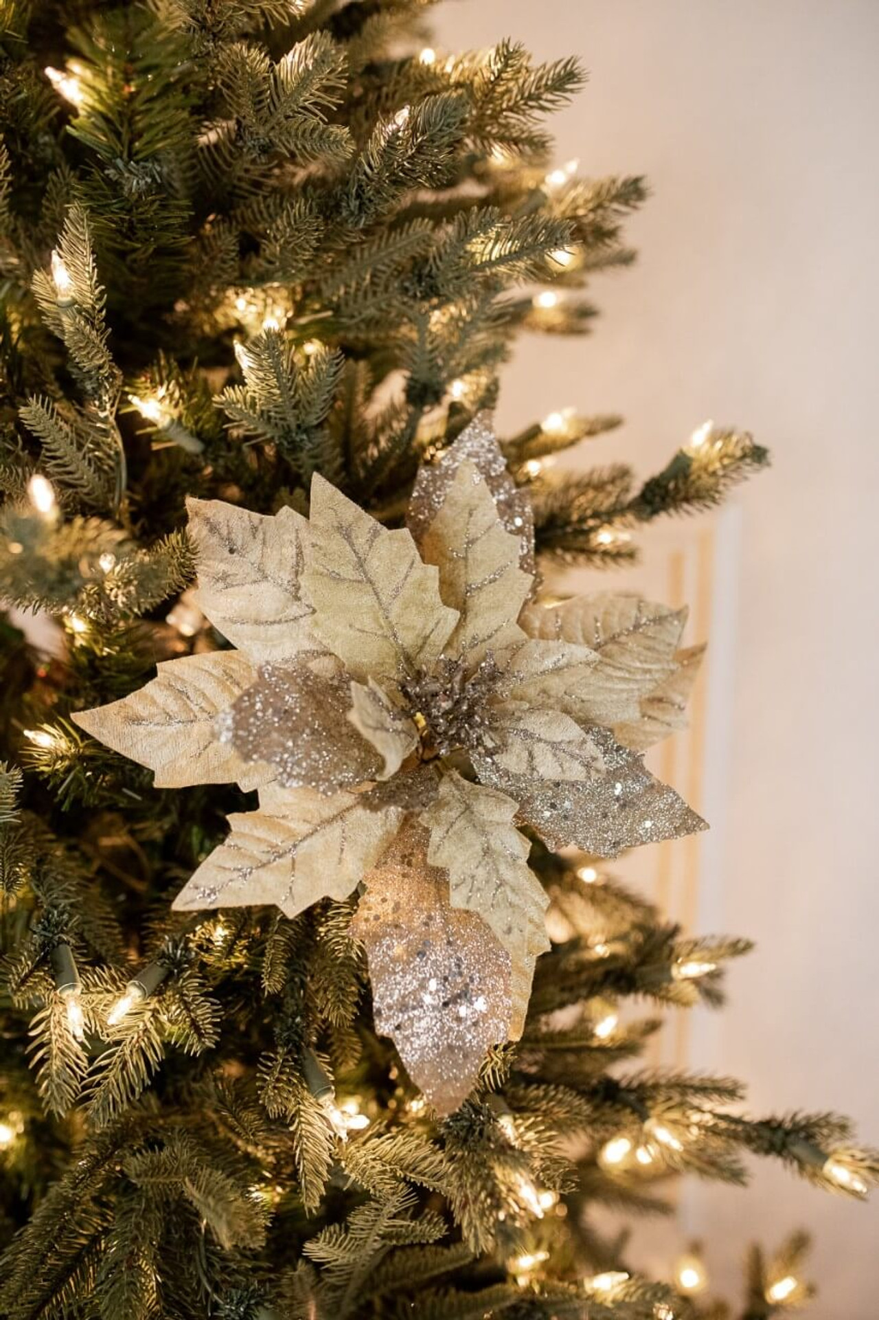 24” Green & White Frosted Glitter Poinsettia - Decorator's Warehouse