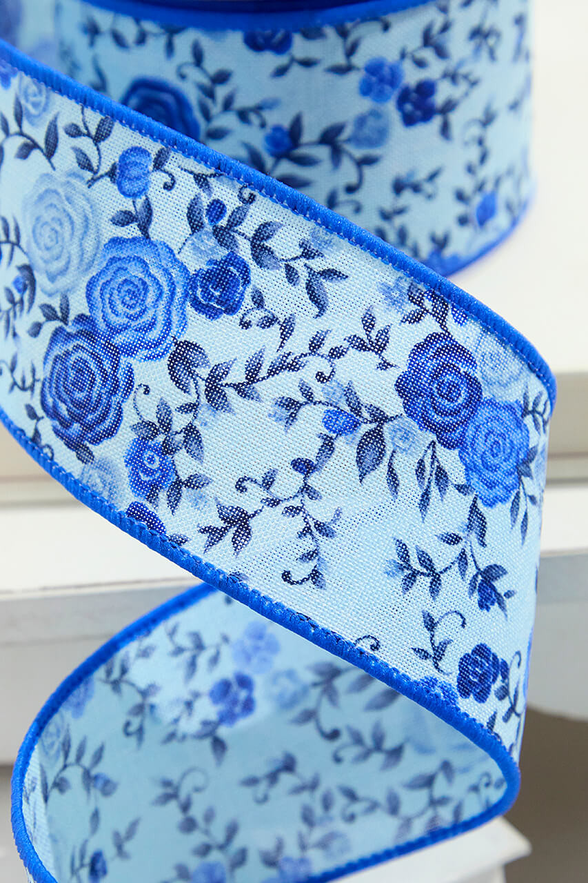 Flat Ribbon Spring 2.5” x 10 Yard Blue Spring Floral Ribbon - Decorator's Warehouse