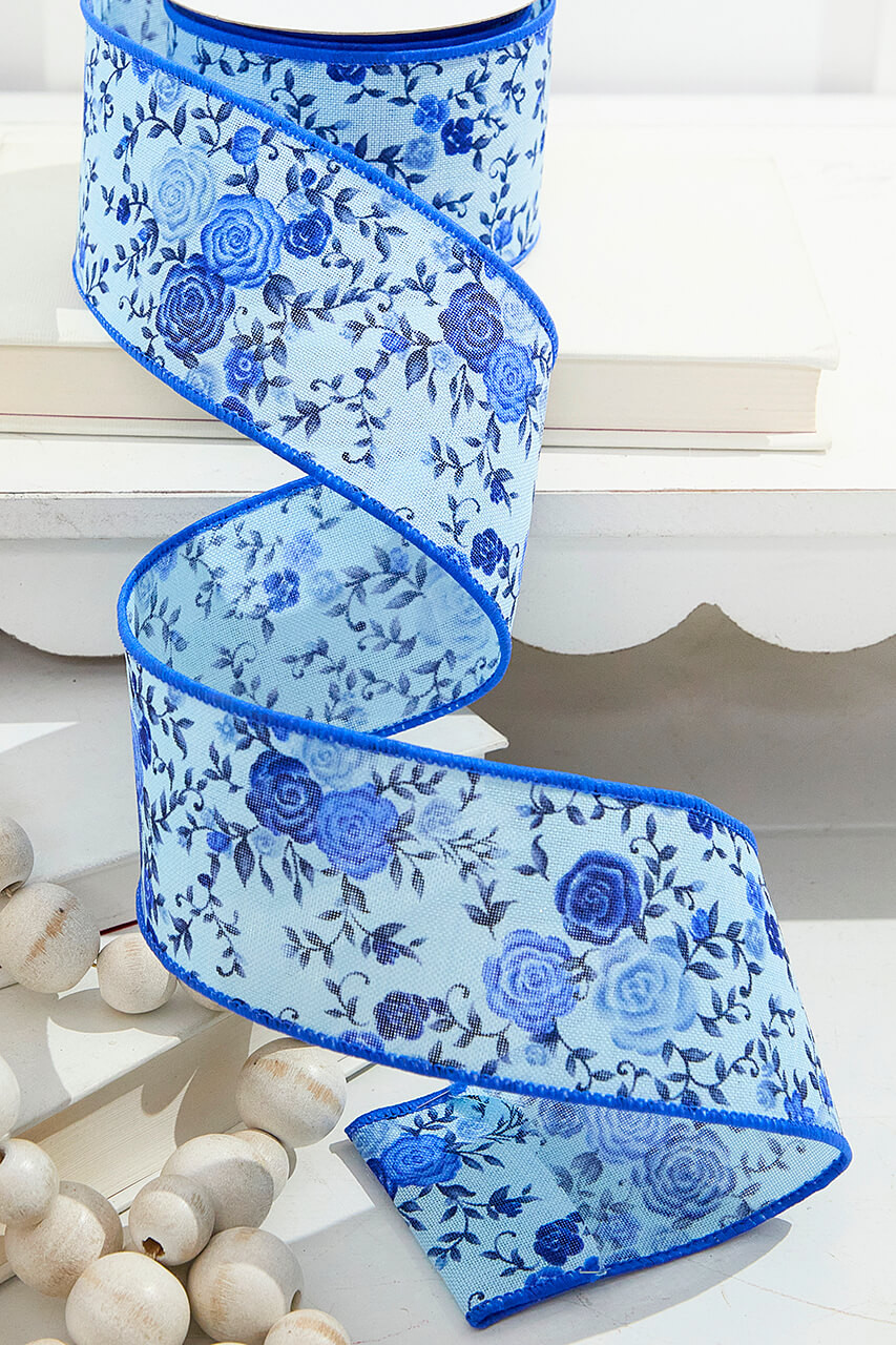 2.5” x 10 Yard Blue Spring Floral Ribbon - Decorator's Warehouse