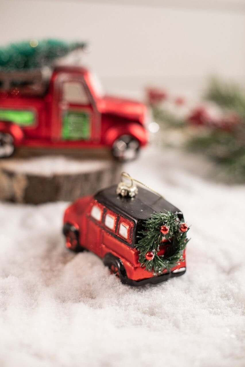 Glass Car with Tree/ Wreath Christmas Ornaments