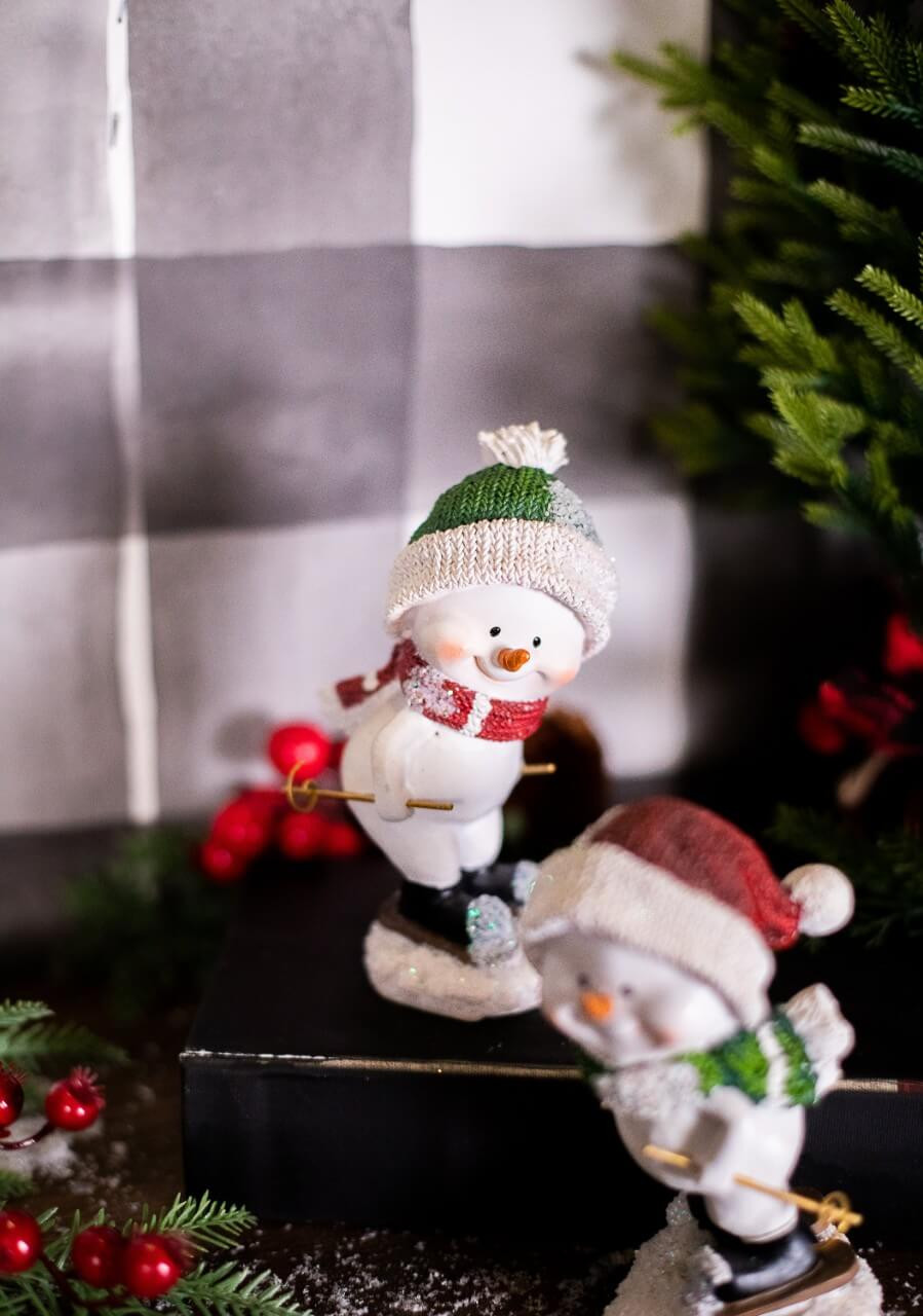 Scandi Alpine Winter Wonderland Ski Lodge Décor by Christmas Market Ornaments Skiing Snowman with Pointed Red Hat Ornament