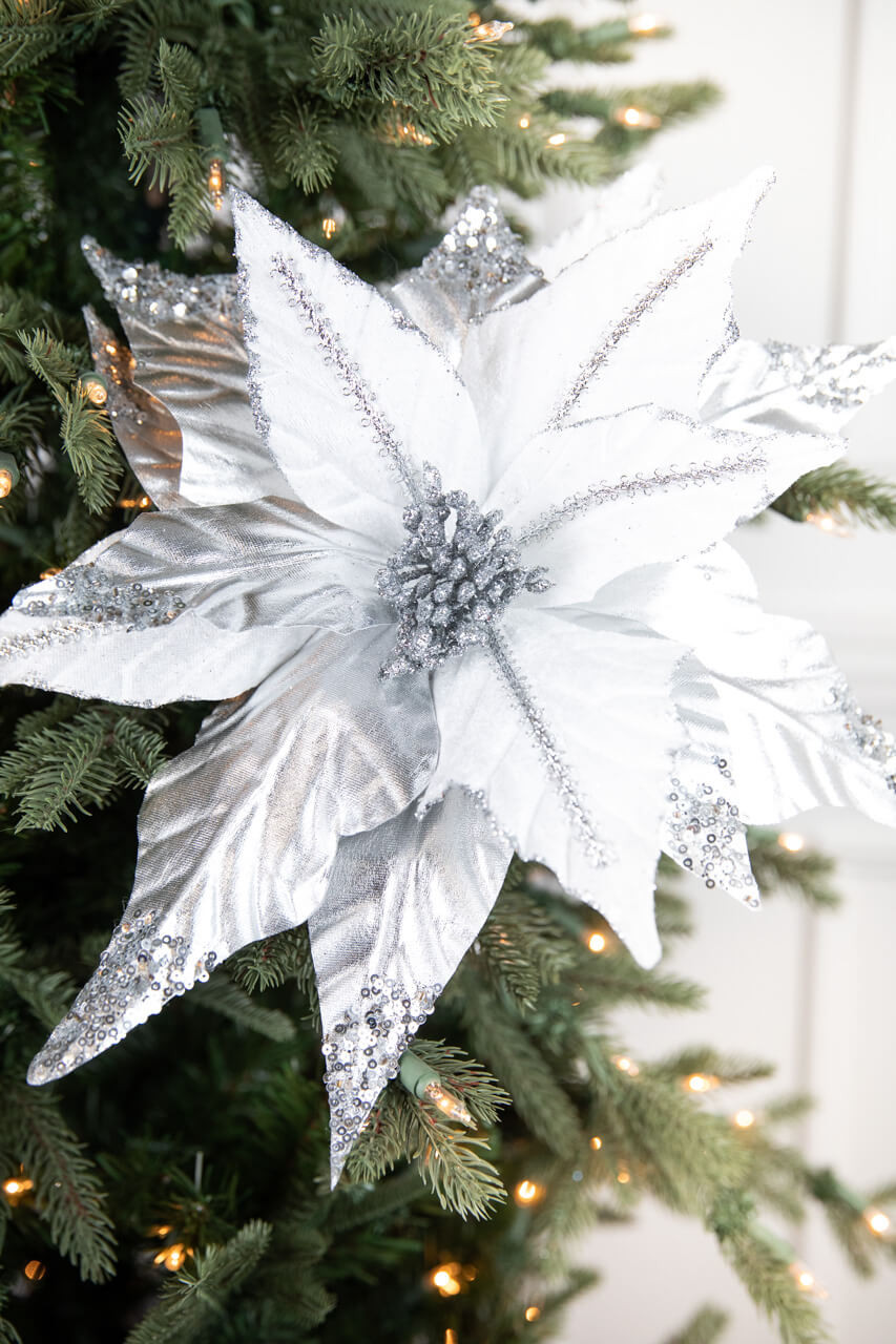 31” Large Silver/White with Sequins Poinsettia - Decorator\'s Warehouse