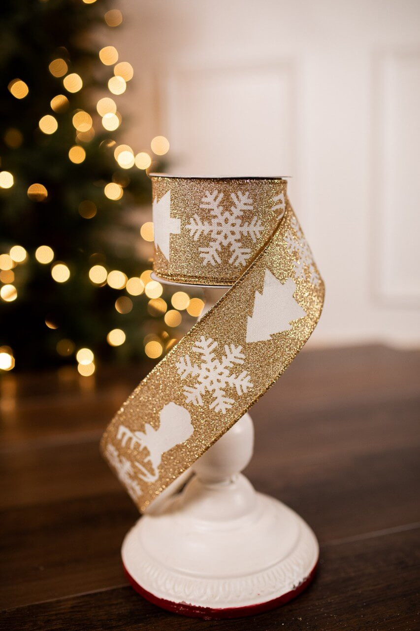 2.5” x 10 Yard Gold Reindeer/Snowflake Christmas Ribbon