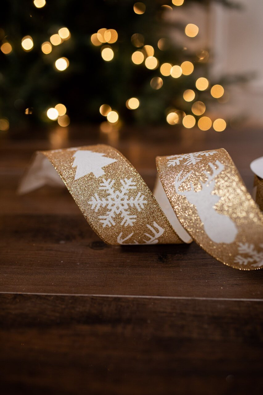 2.5” x 50 Yard Gold Deer/Snowflake/Tree Glitter Christmas Ribbon