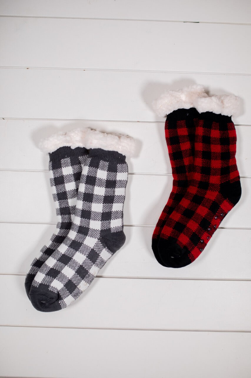Buffalo Plaid Thermal Slipper Socks with Non-Slip Grippers