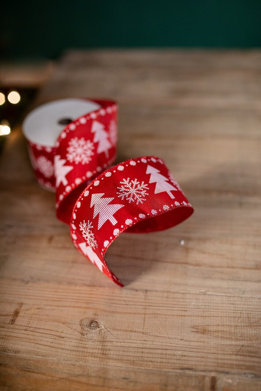 4″W x 5yd Snowflake/Tree Embroidered Ribbon White Red