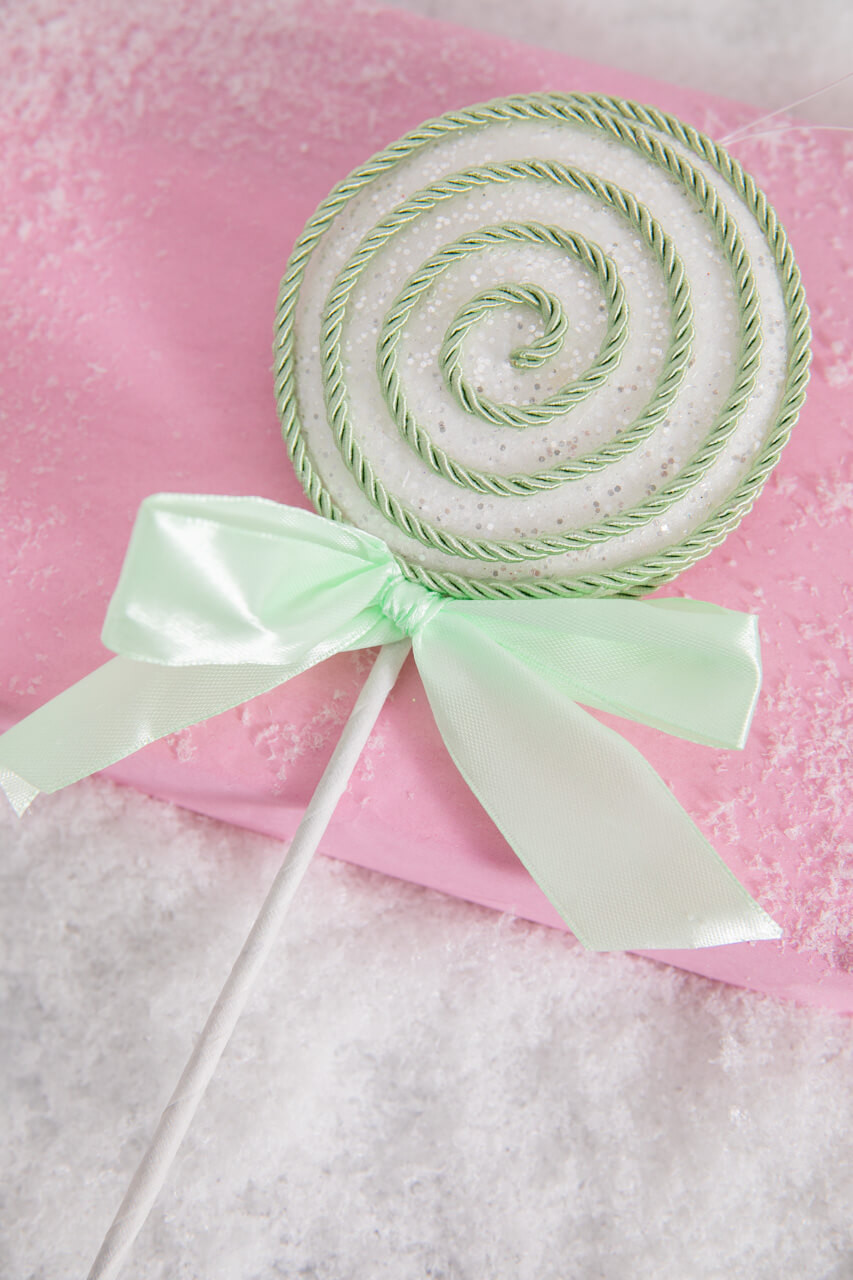 12” Lollipop Pick/Ornament with Bow - Green/White