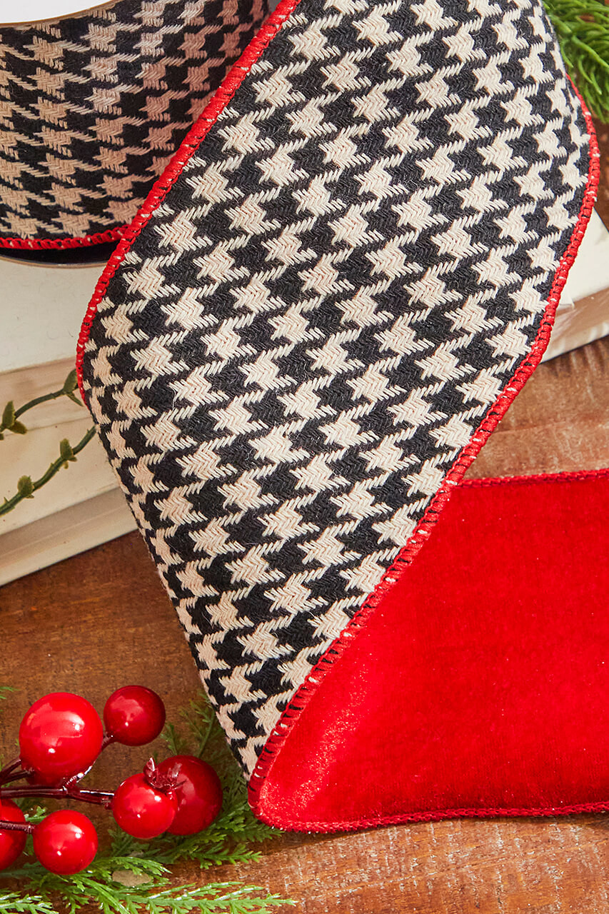 4” X 5 Yard Hounds Tooth/Velvet Wired Ribbon - Cardinal Christmas