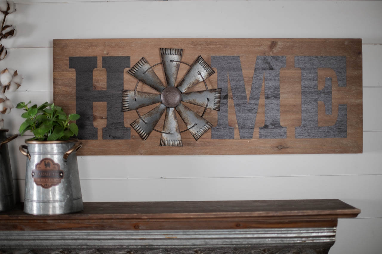 31" Wood and Metal Windmill "Home" Sign