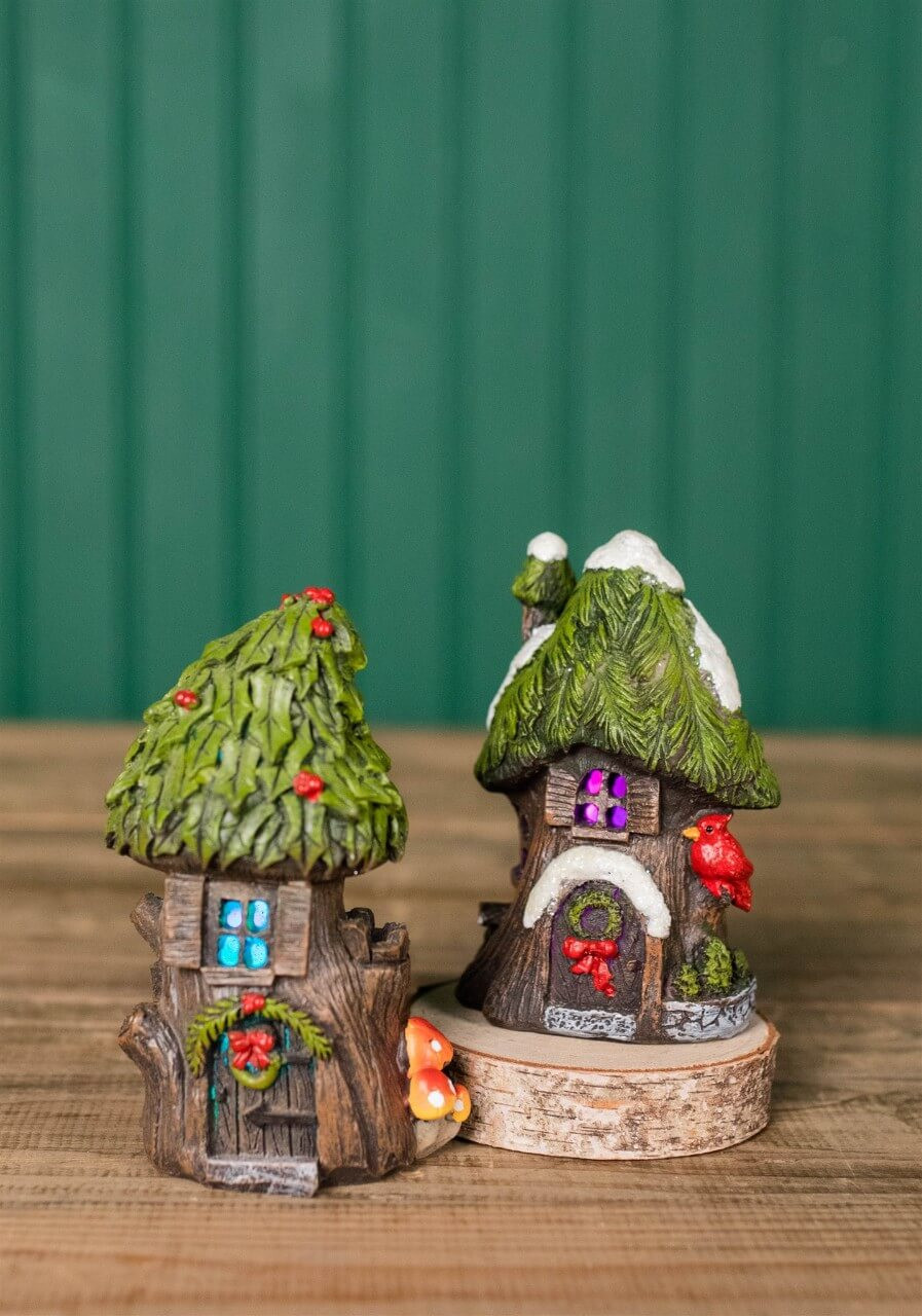 4.5” Mini Resin Light Up Holly Tree House - Decorator's Warehouse