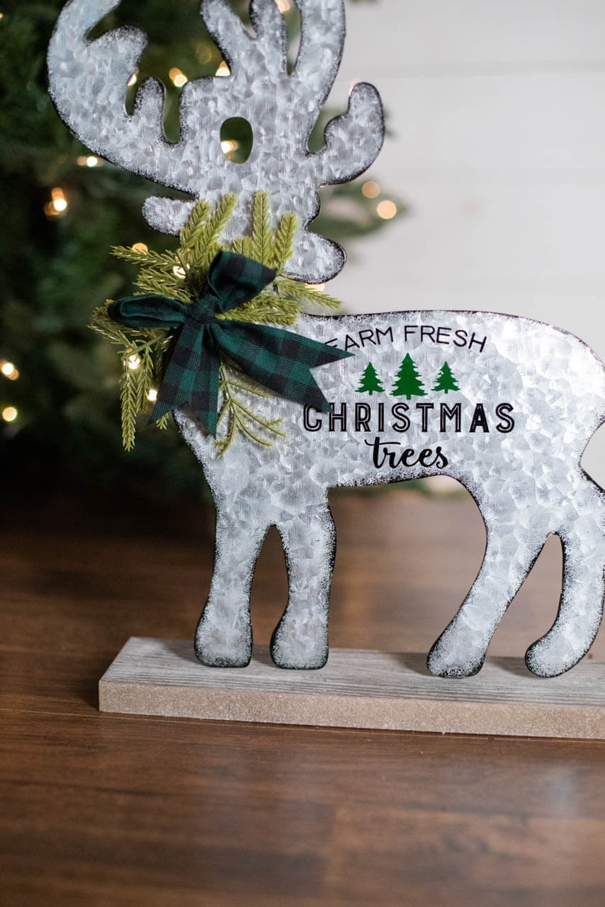 17” H Metal & Wood Holiday Moose with Pine & Bow Accents ...