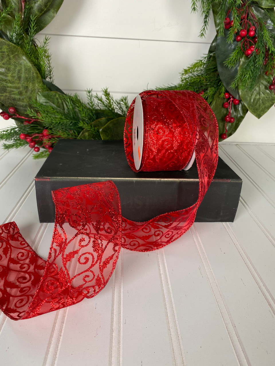 2.5 x 10 Nylon Red Glitter Swirl Christmas Ribbon