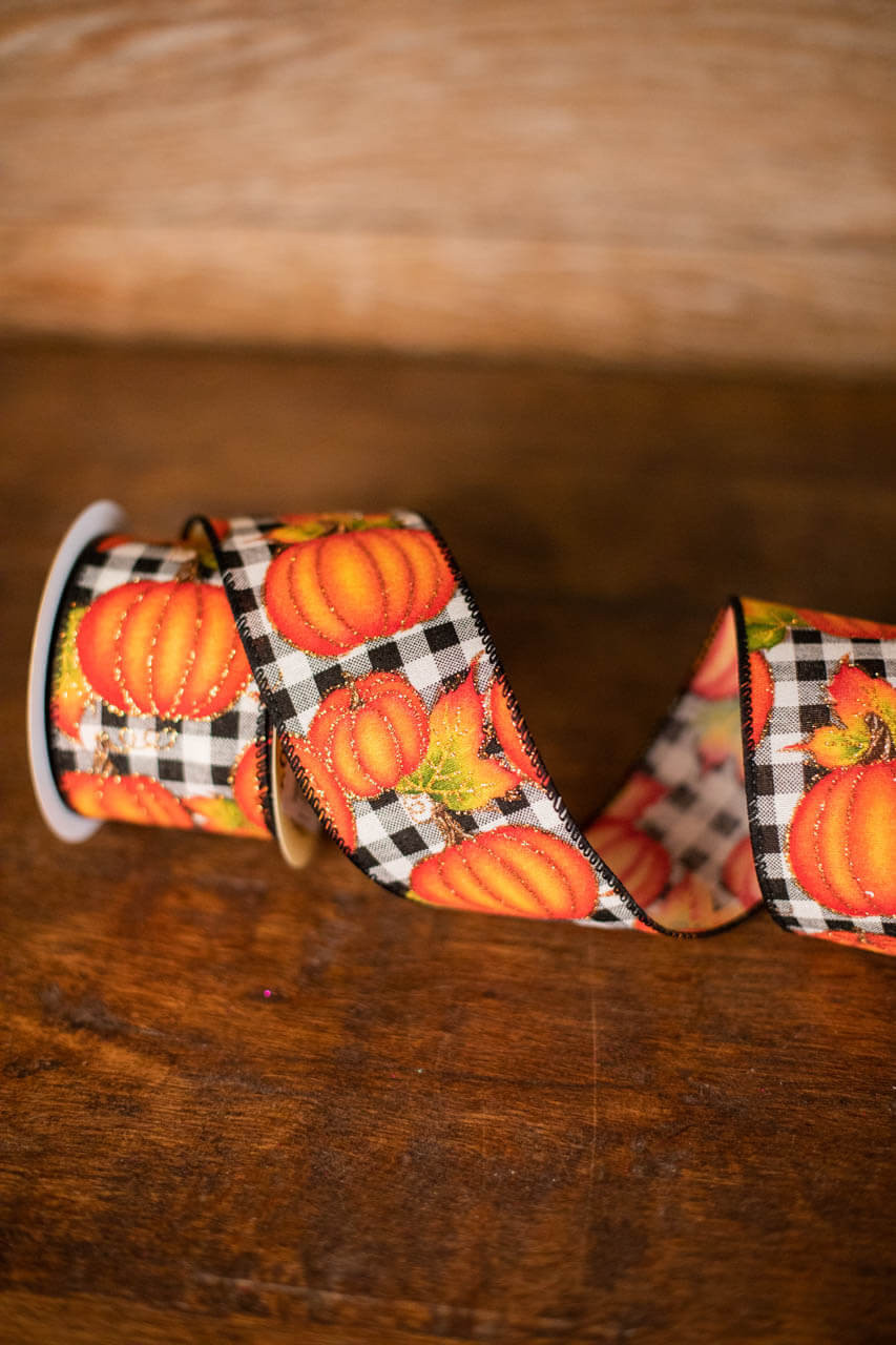 2.5 x 10 Yard Pumpkins on Black and White Checkered Ribbon - Decorator's  Warehouse