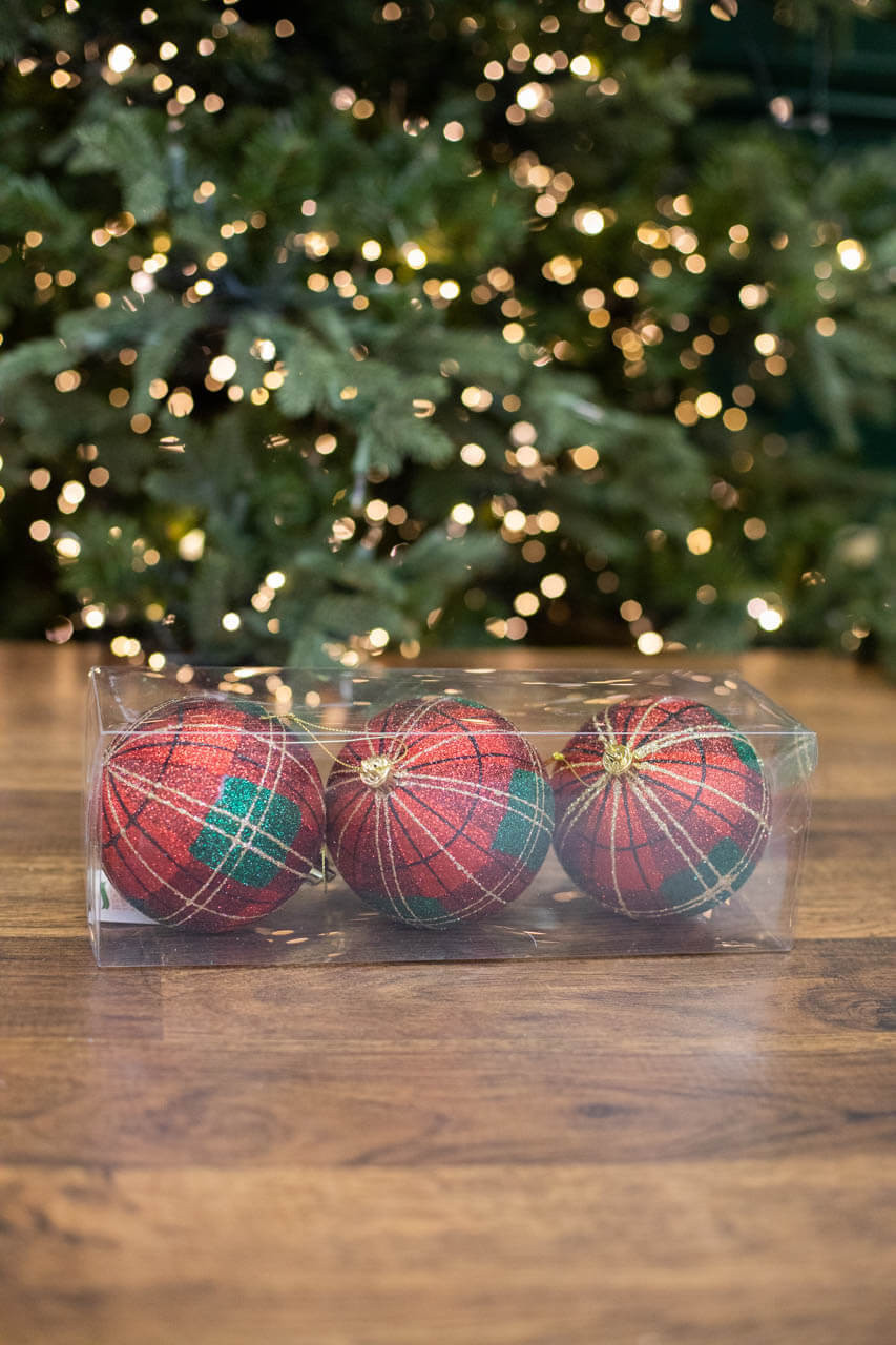 Regency International 100 mm VP Glitter Plaid Ball Ornament Box of 3