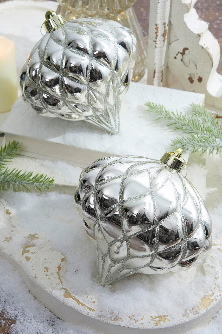 Champagne Silver Shiny Diamond Onion Finial Ornaments Set/2