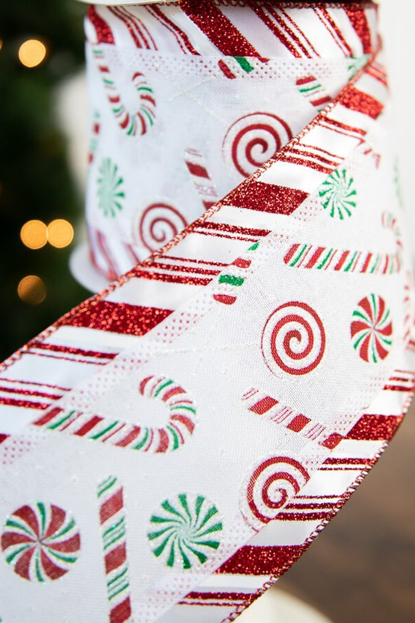 10 Yards - 2.5” Wired Christmas Peppermint Candy Ribbon with Glitter A –  foxwreathsupplies