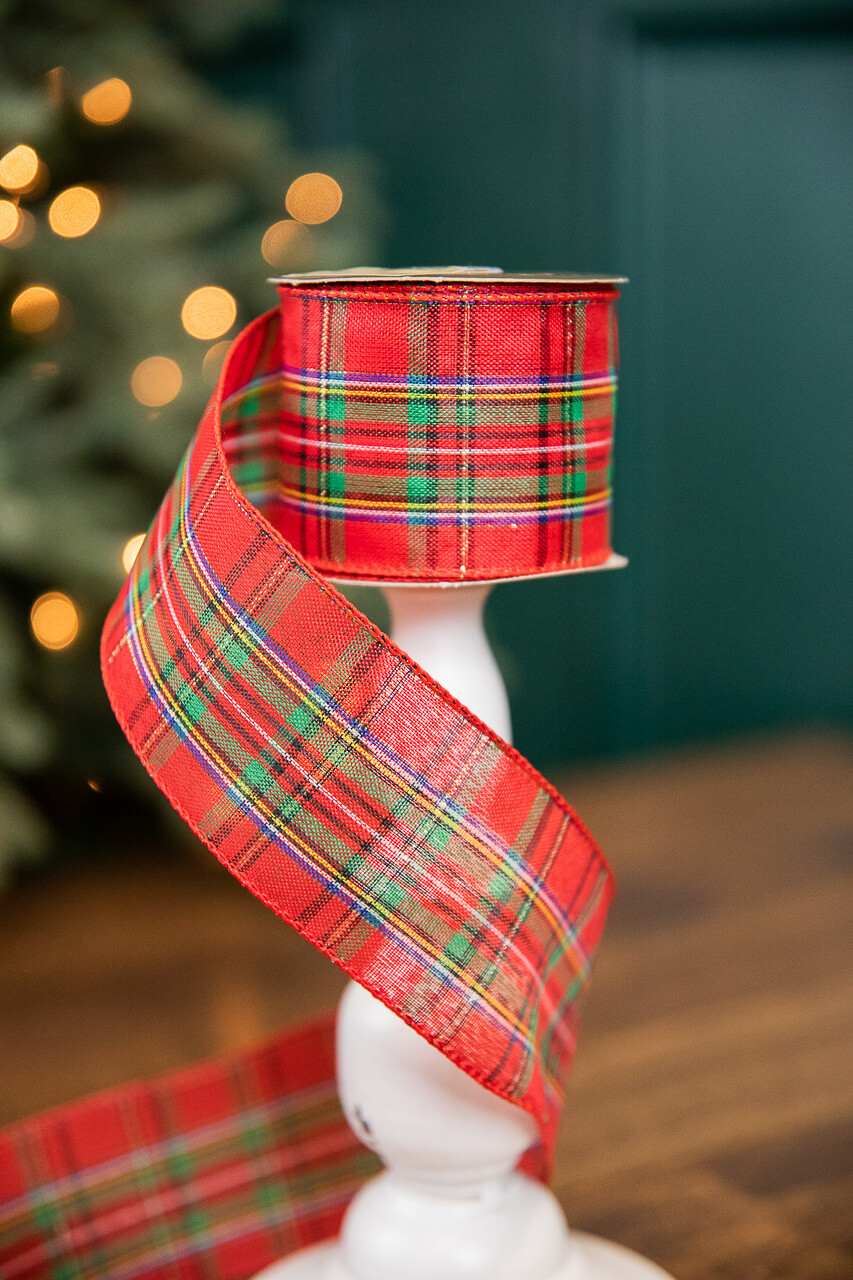 2.5” x 10 Yard Red Gold with Blue Plaid Ribbon