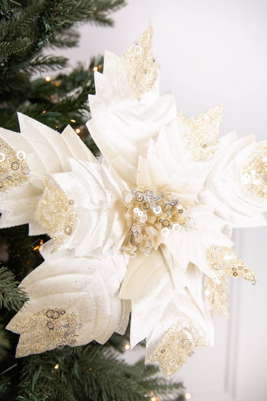 24 White & Gold Artificial Christmas Poinsettia Flower